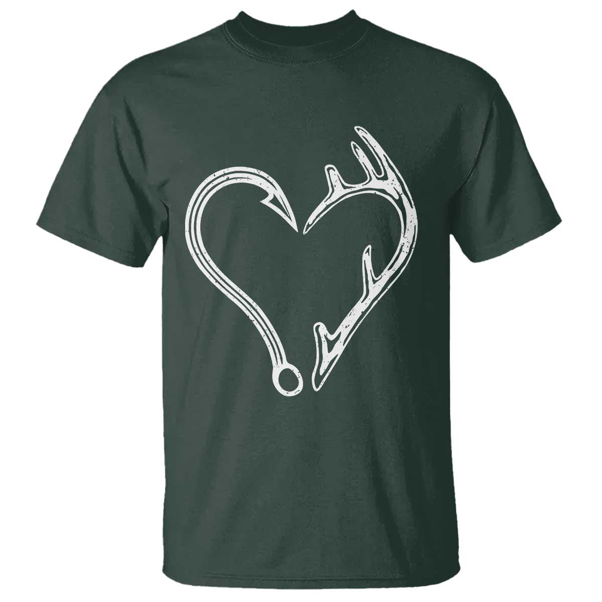 Fishing And Hunting Vintage Hook Antler Heart T Shirt TS11 Dark Forest Green Print Your Wear