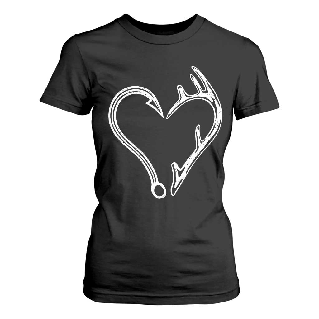 Fishing And Hunting Vintage Hook Antler Heart T Shirt For Women - Print Your Wear