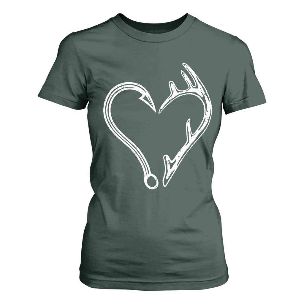 Fishing And Hunting Vintage Hook Antler Heart T Shirt For Women TS11 Dark Forest Green Print Your Wear