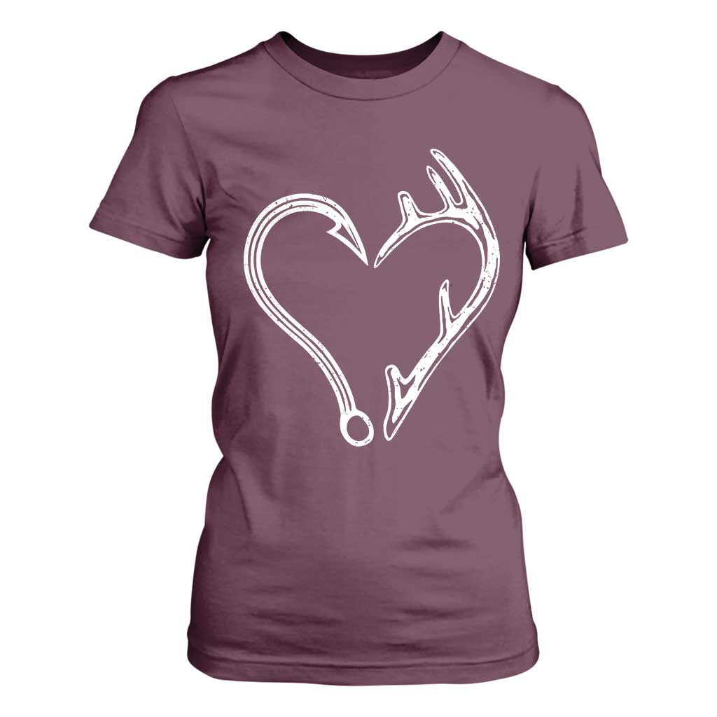 Fishing And Hunting Vintage Hook Antler Heart T Shirt For Women TS11 Maroon Print Your Wear