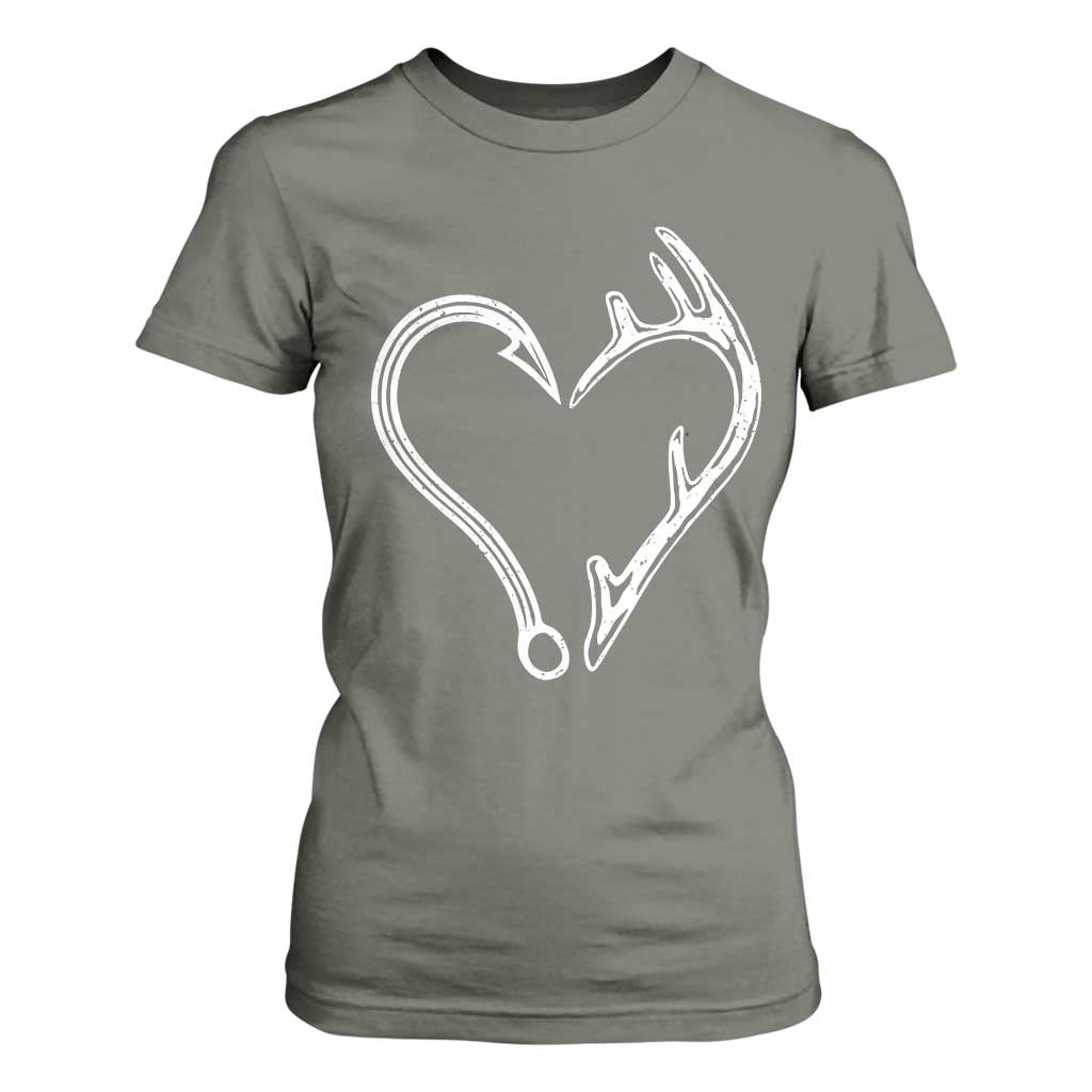 Fishing And Hunting Vintage Hook Antler Heart T Shirt For Women TS11 Military Green Print Your Wear