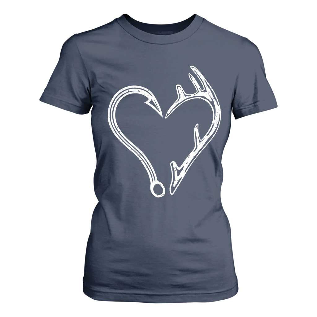 Fishing And Hunting Vintage Hook Antler Heart T Shirt For Women TS11 Navy Print Your Wear