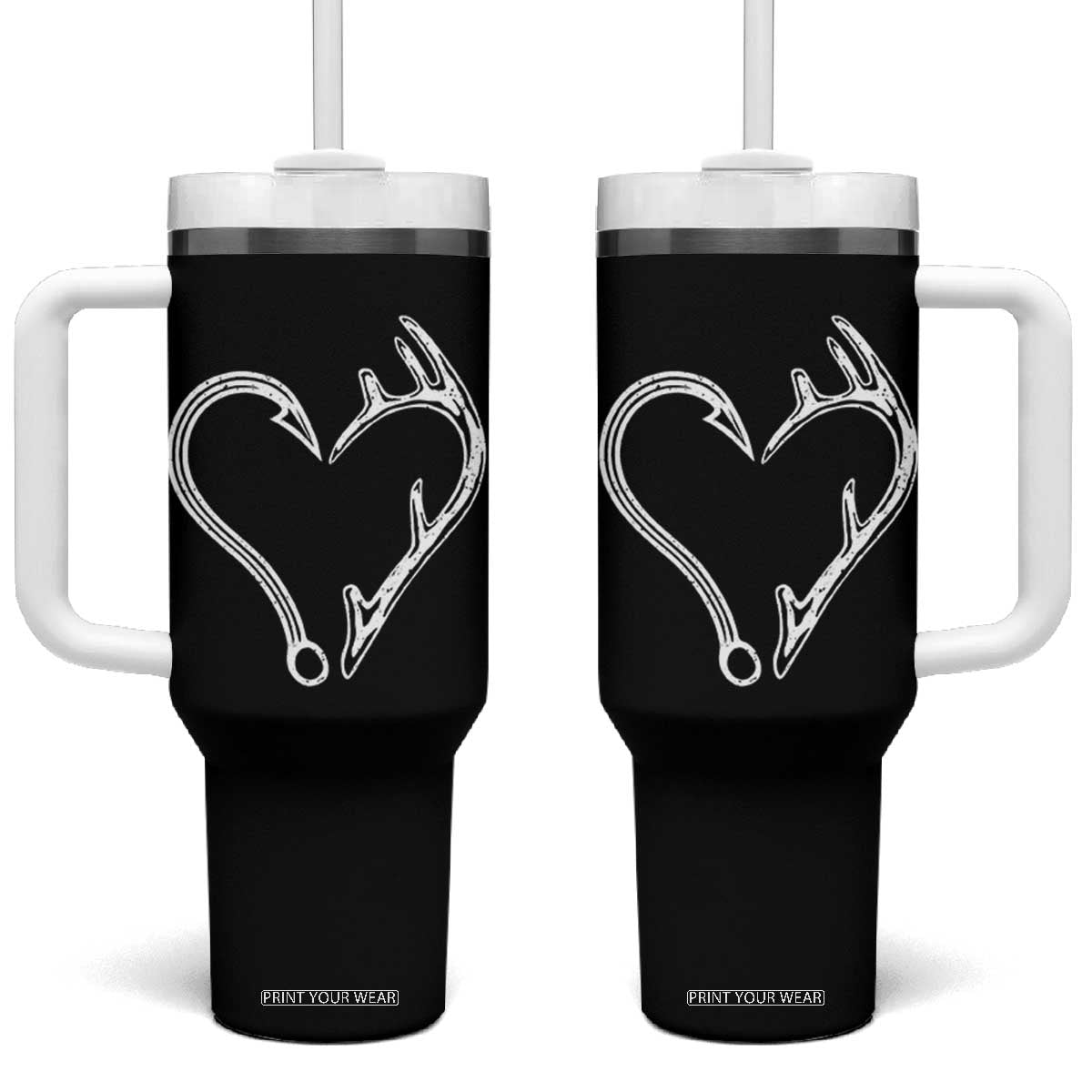 Fishing And Hunting Vintage Hook Antler Heart Tumbler With Handle TS11 One Size: 40 oz Black Print Your Wear
