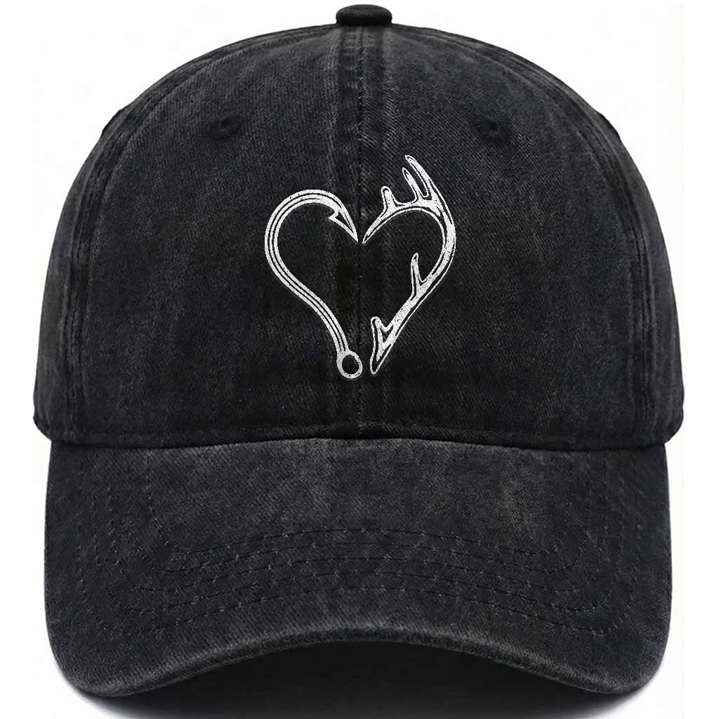Fishing And Hunting Vintage Hook Antler Heart Washed Cotton Baseball Cap TS11 Print Your Wear