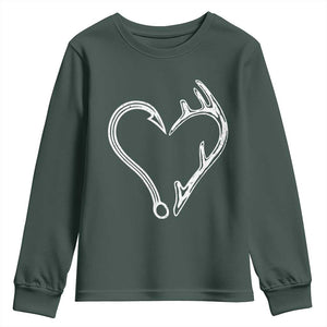 Fishing And Hunting Vintage Hook Antler Heart Youth Sweatshirt TS11 Dark Forest Green Print Your Wear