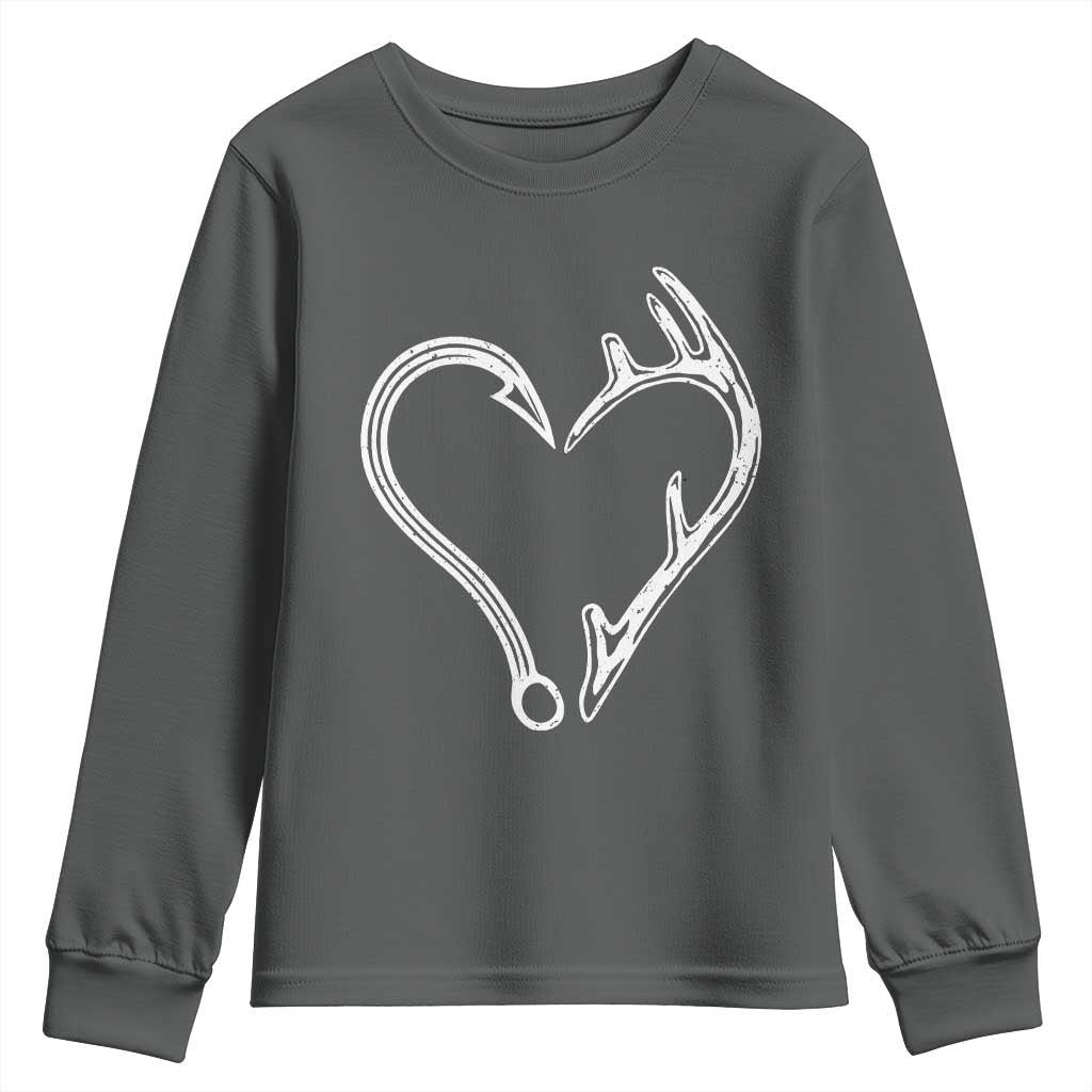 Fishing And Hunting Vintage Hook Antler Heart Youth Sweatshirt TS11 Dark Heather Print Your Wear