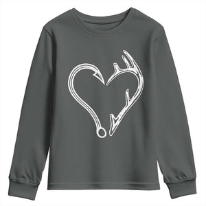 Fishing And Hunting Vintage Hook Antler Heart Youth Sweatshirt TS11 Dark Heather Print Your Wear