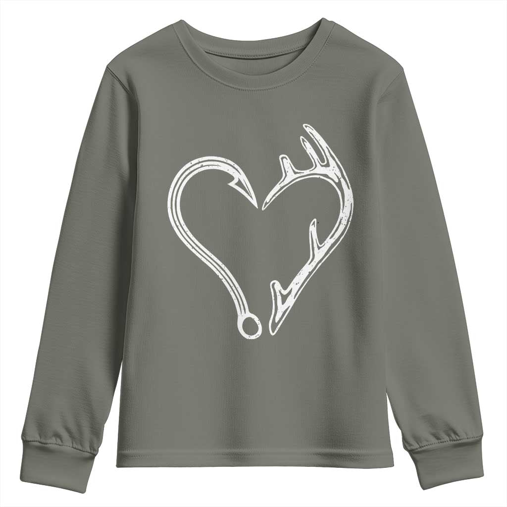 Fishing And Hunting Vintage Hook Antler Heart Youth Sweatshirt TS11 Military Green Print Your Wear