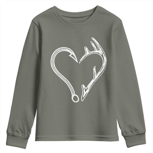 Fishing And Hunting Vintage Hook Antler Heart Youth Sweatshirt TS11 Military Green Print Your Wear