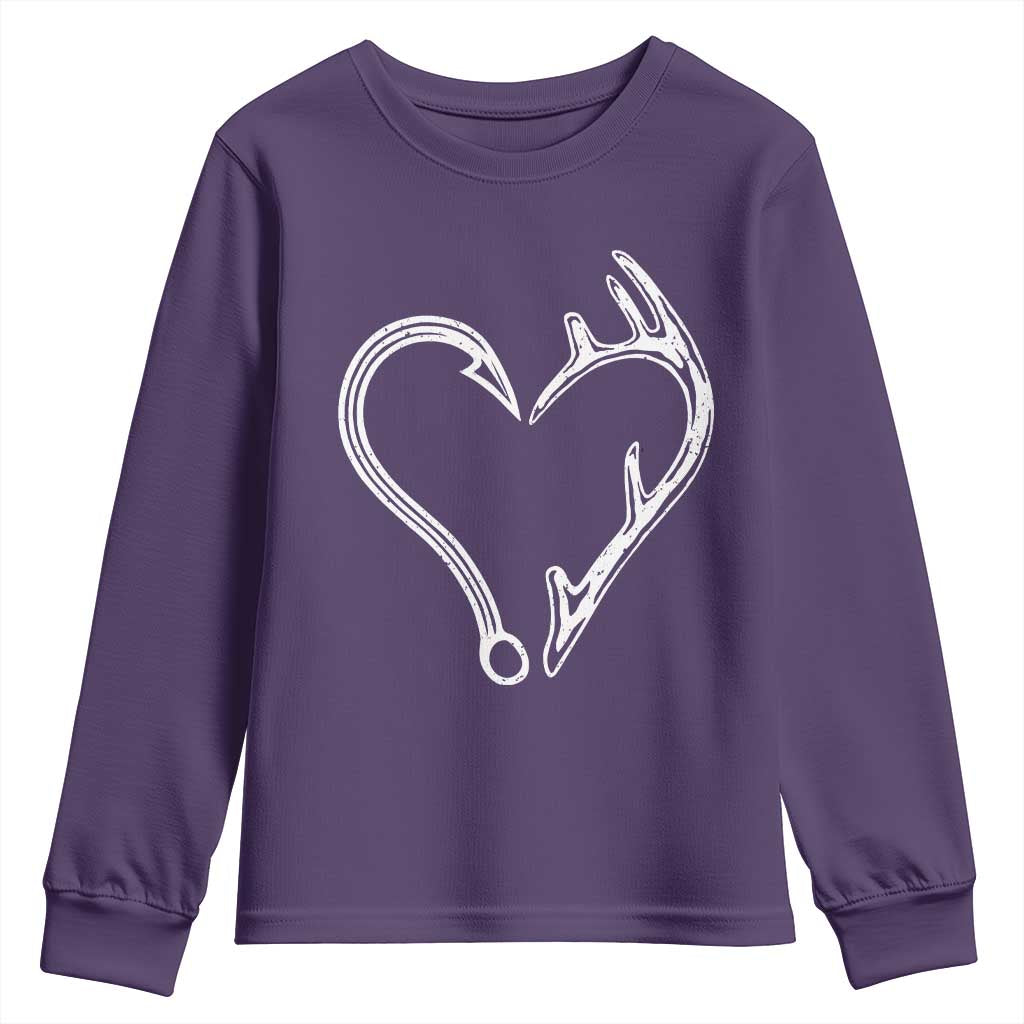 Fishing And Hunting Vintage Hook Antler Heart Youth Sweatshirt TS11 Purple Print Your Wear