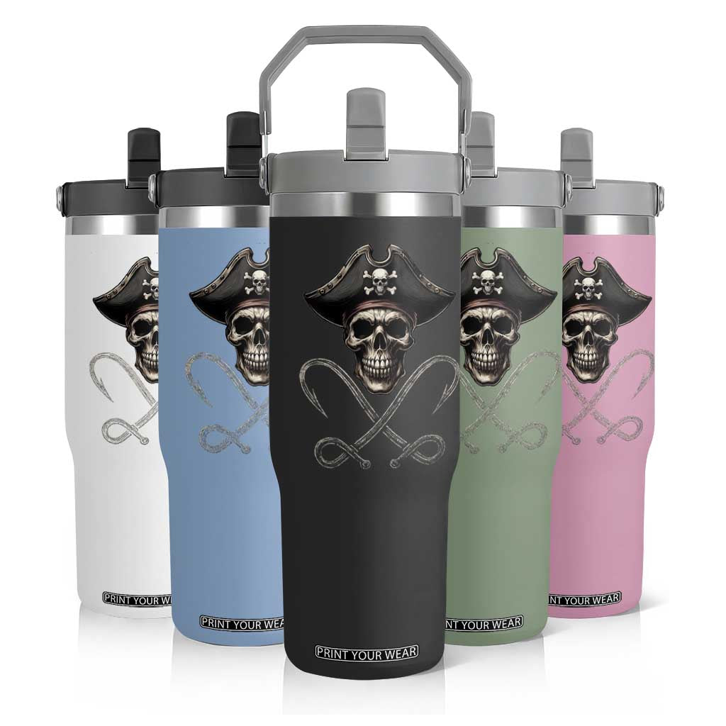 Funny Pirate Fishing Lover Flip Straw Tumbler Vintage Pirate Skull Hooks Fishing TS11 Print Your Wear