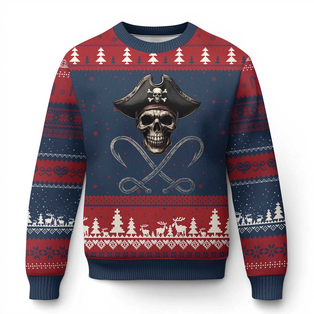 Funny Pirate Fishing Lover Ugly Christmas Sweater Vintage Pirate Skull Hooks Fishing TS11 Navy Red Print Your Wear