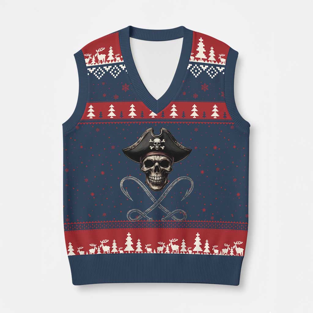 Funny Pirate Fishing Lover V-Neck Knit Sweater Vest Vintage Pirate Skull Hooks Fishing TS11 Navy Red Print Your Wear