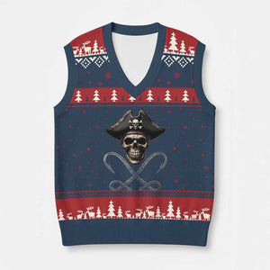 Funny Pirate Fishing Lover V-Neck Knit Sweater Vest Vintage Pirate Skull Hooks Fishing TS11 Navy Red Print Your Wear