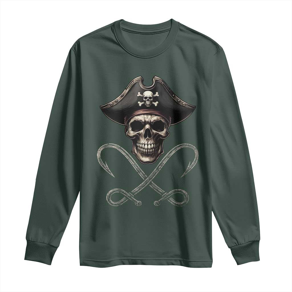 Funny Pirate Fishing Lover Long Sleeve Shirt Vintage Pirate Skull Hooks Fishing TS11 Dark Forest Green Print Your Wear