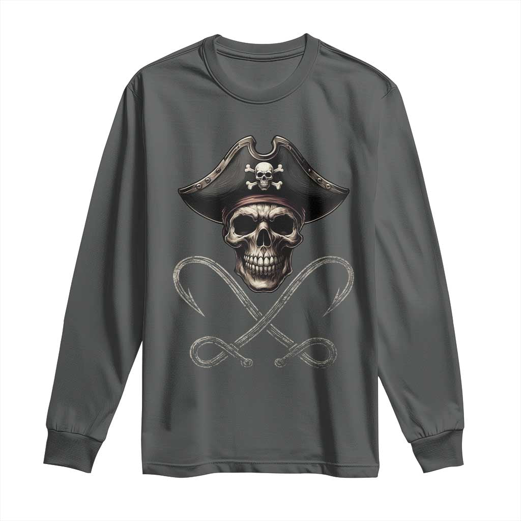 Funny Pirate Fishing Lover Long Sleeve Shirt Vintage Pirate Skull Hooks Fishing TS11 Dark Heather Print Your Wear