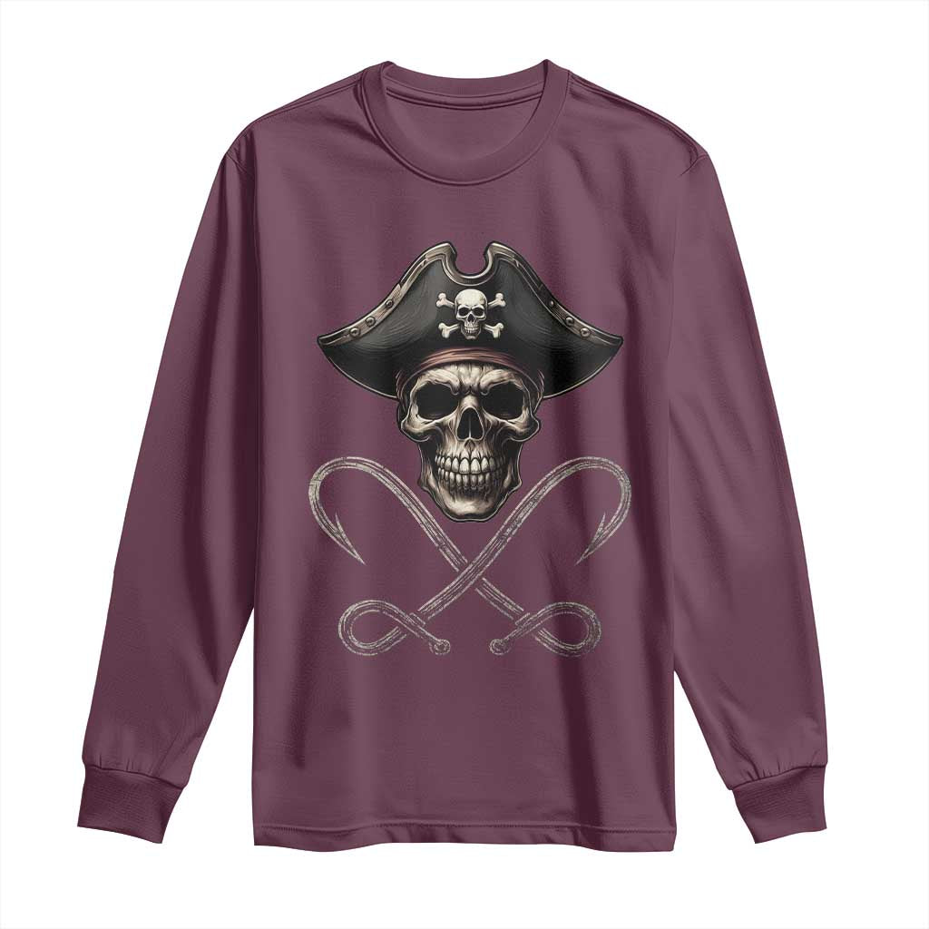Funny Pirate Fishing Lover Long Sleeve Shirt Vintage Pirate Skull Hooks Fishing TS11 Maroon Print Your Wear