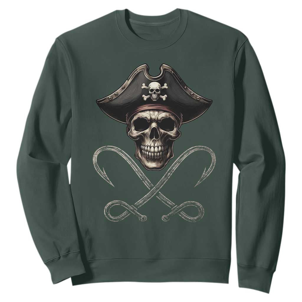 Funny Pirate Fishing Lover Sweatshirt Vintage Pirate Skull Hooks Fishing TS11 Dark Forest Green Print Your Wear