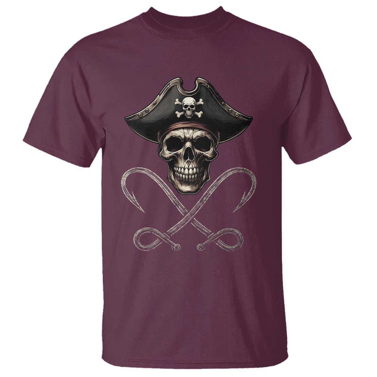 Funny Pirate Fishing Lover T Shirt Vintage Pirate Skull Hooks Fishing TS11 Maroon Print Your Wear