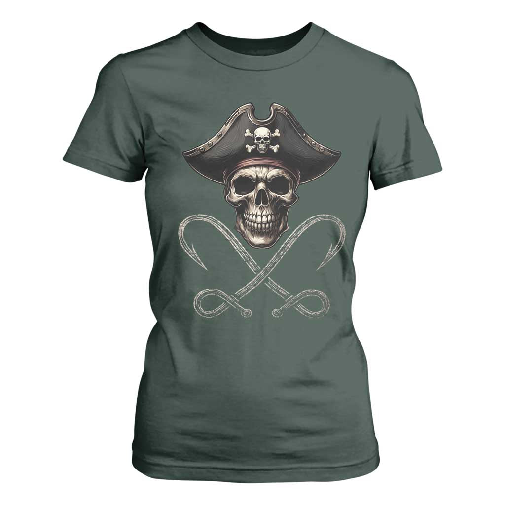 Funny Pirate Fishing Lover T Shirt For Women Vintage Pirate Skull Hooks Fishing TS11 Dark Forest Green Print Your Wear
