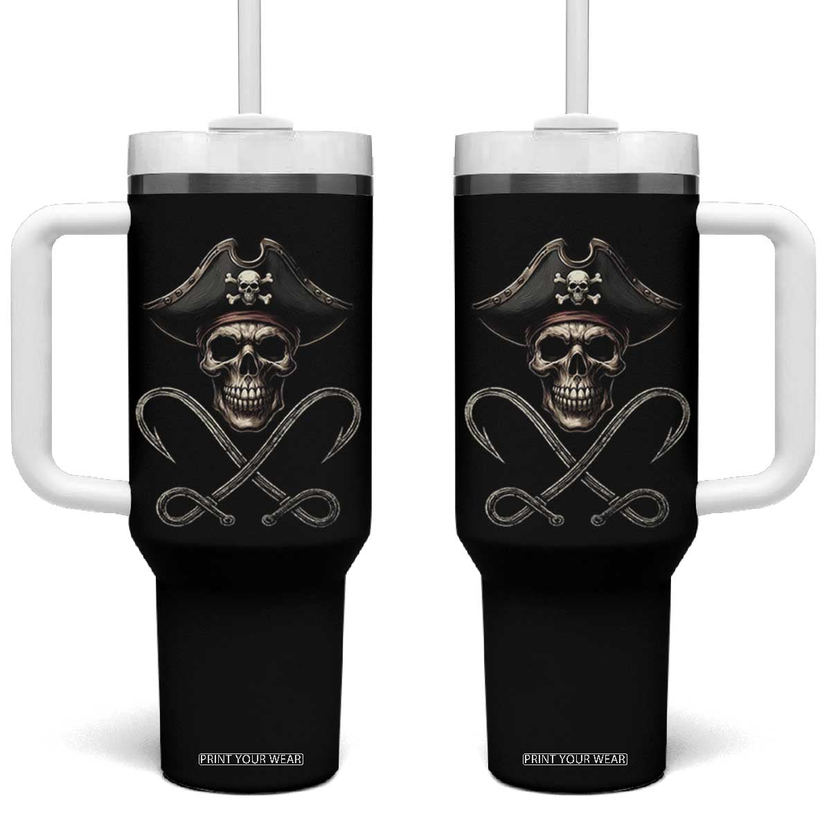 Funny Pirate Fishing Lover Tumbler With Handle Vintage Pirate Skull Hooks Fishing TS11 One Size: 40 oz Black Print Your Wear