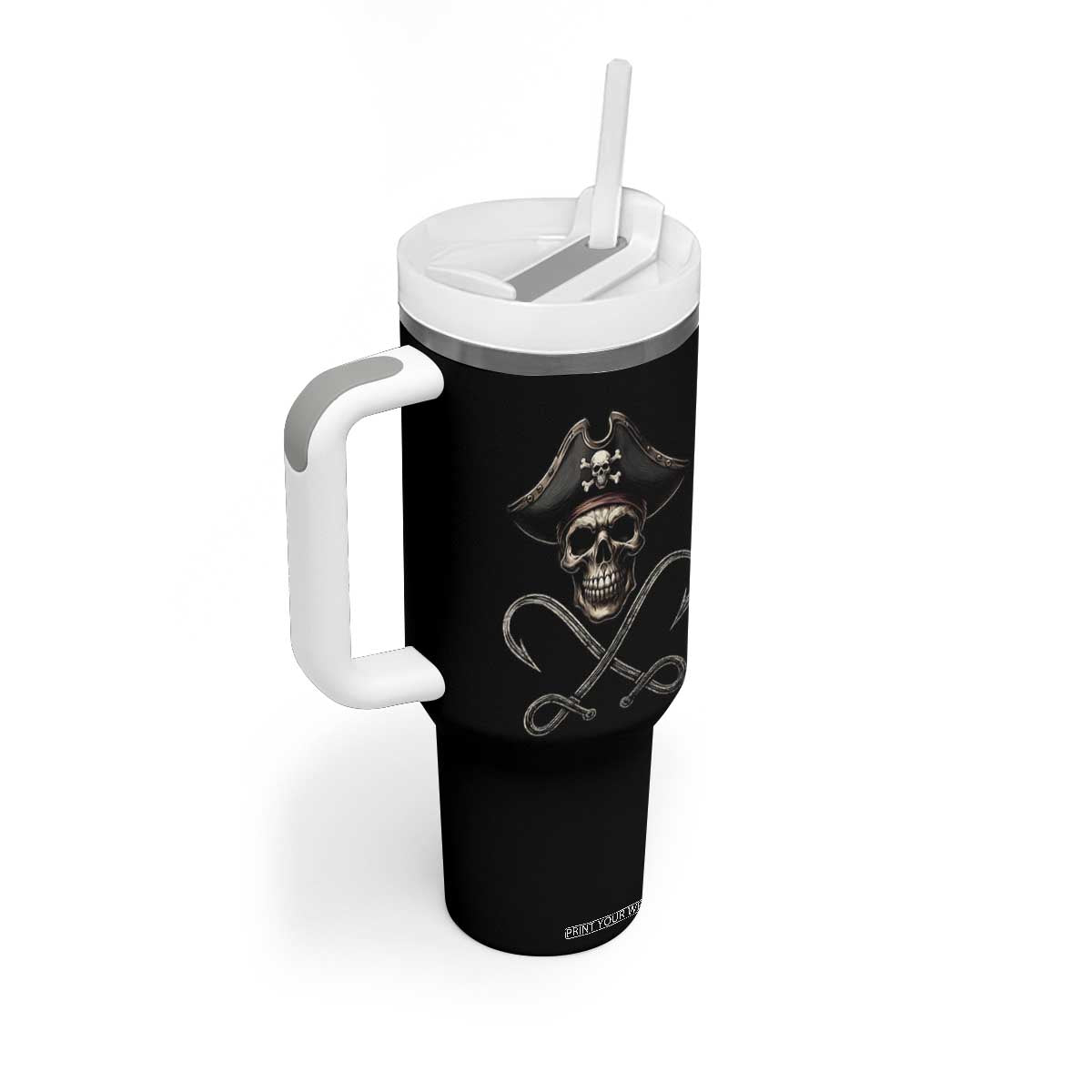 Funny Pirate Fishing Lover Tumbler With Handle Vintage Pirate Skull Hooks Fishing TS11 Print Your Wear