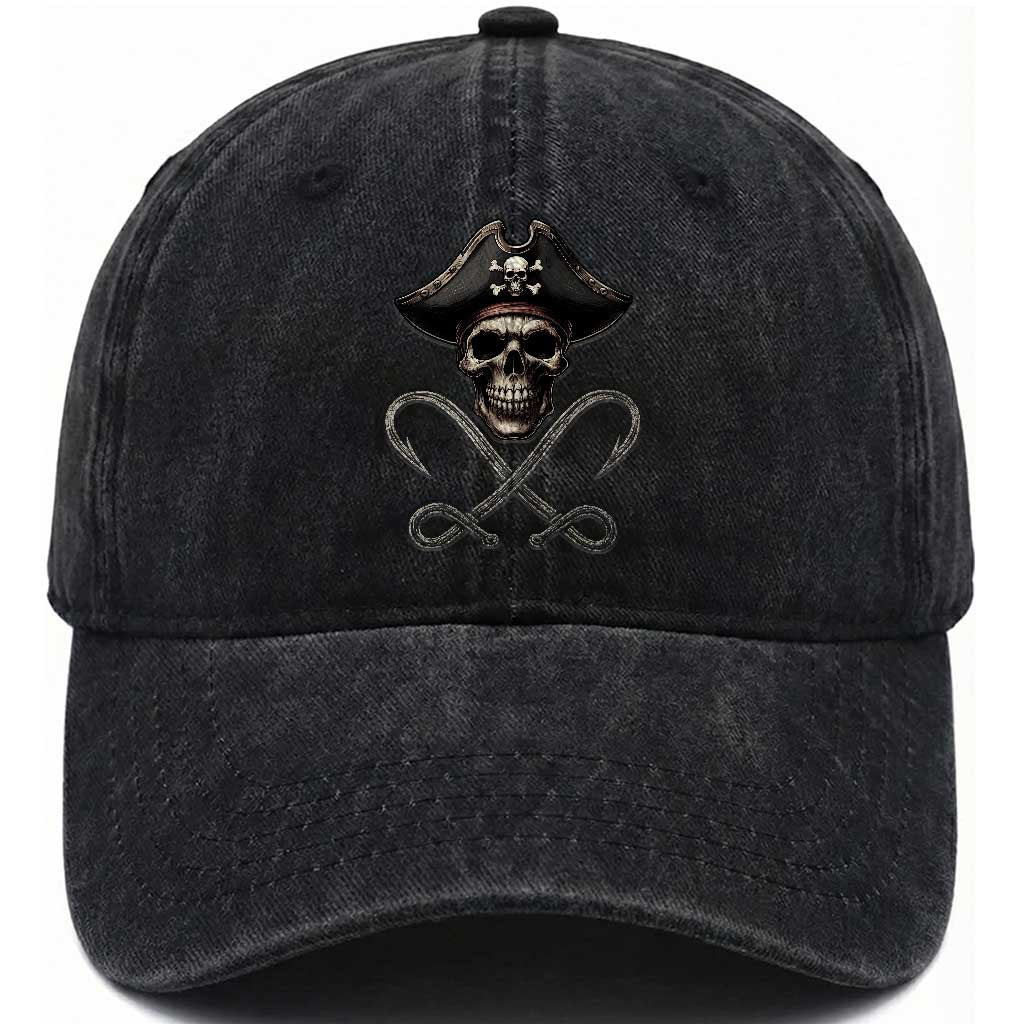 Funny Pirate Fishing Lover Washed Cotton Baseball Cap Vintage Pirate Skull Hooks Fishing TS11 Print Your Wear