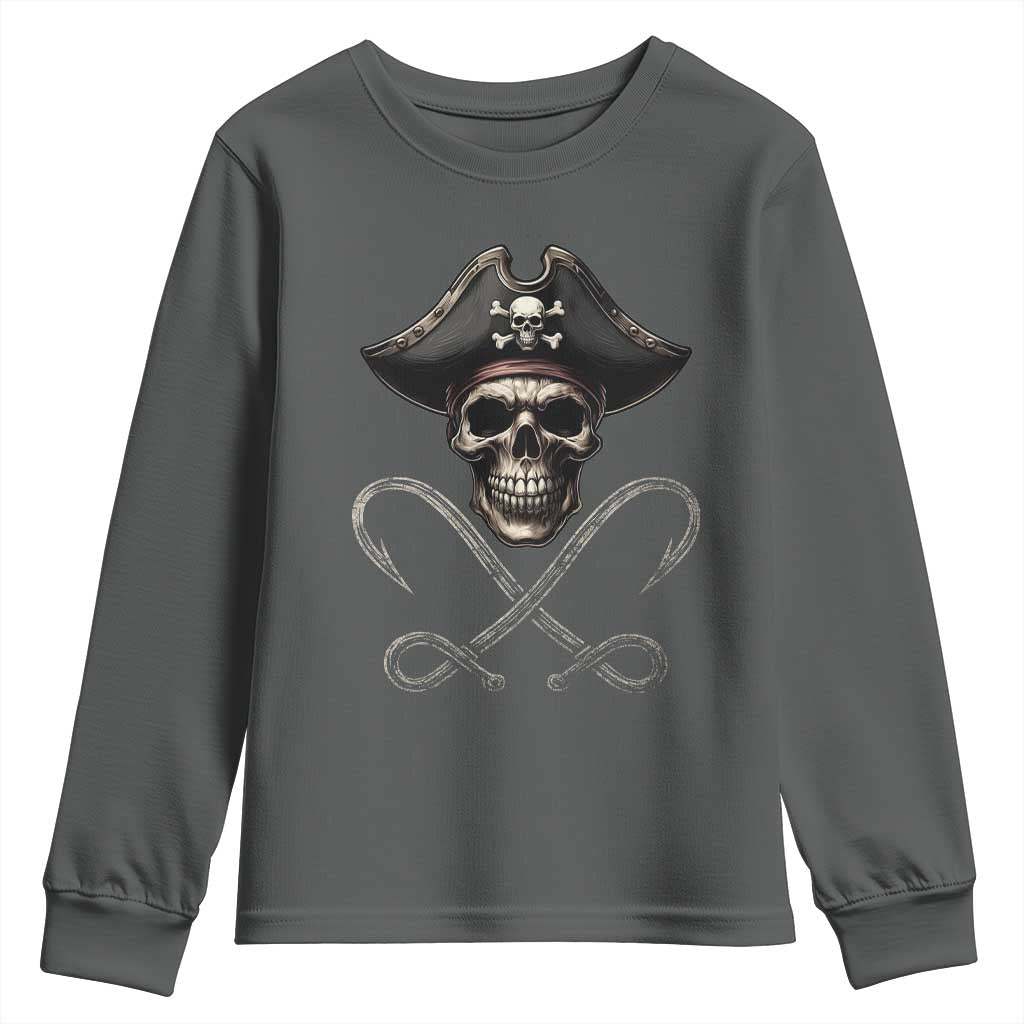 Funny Pirate Fishing Lover Youth Sweatshirt Vintage Pirate Skull Hooks Fishing TS11 Dark Heather Print Your Wear