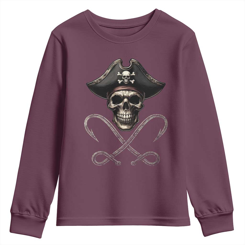 Funny Pirate Fishing Lover Youth Sweatshirt Vintage Pirate Skull Hooks Fishing TS11 Maroon Print Your Wear