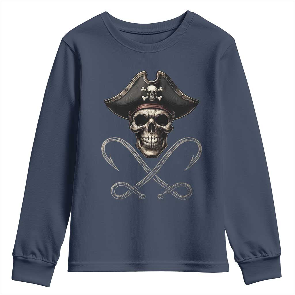 Funny Pirate Fishing Lover Youth Sweatshirt Vintage Pirate Skull Hooks Fishing TS11 Navy Print Your Wear