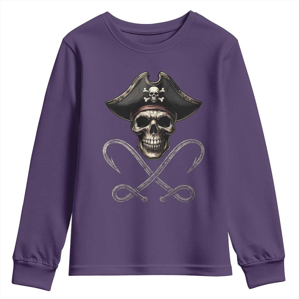 Funny Pirate Fishing Lover Youth Sweatshirt Vintage Pirate Skull Hooks Fishing TS11 Purple Print Your Wear