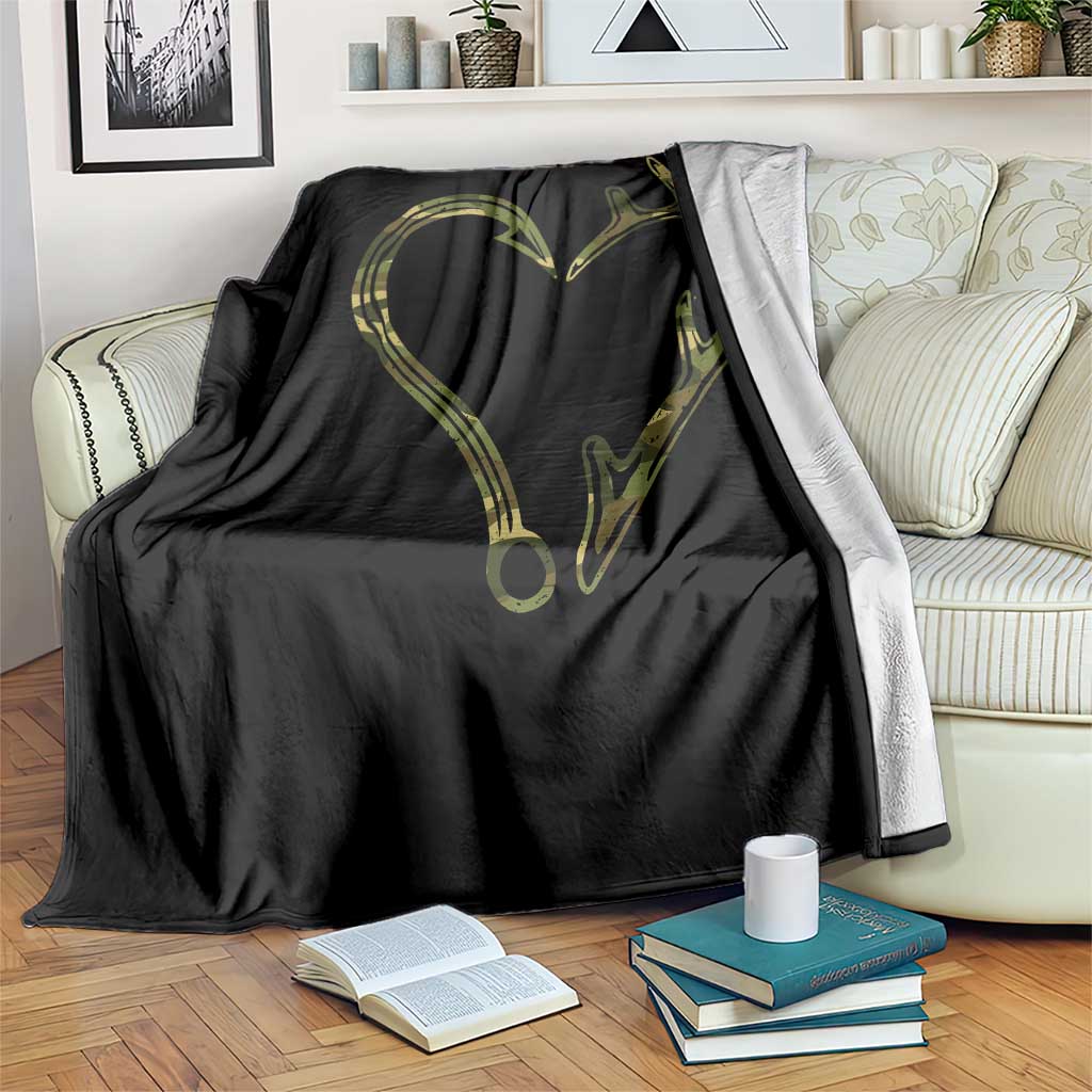 Fishing And Hunting Vintage Camo Hook Antler Heart Throw Blanket TS11 Print Your Wear
