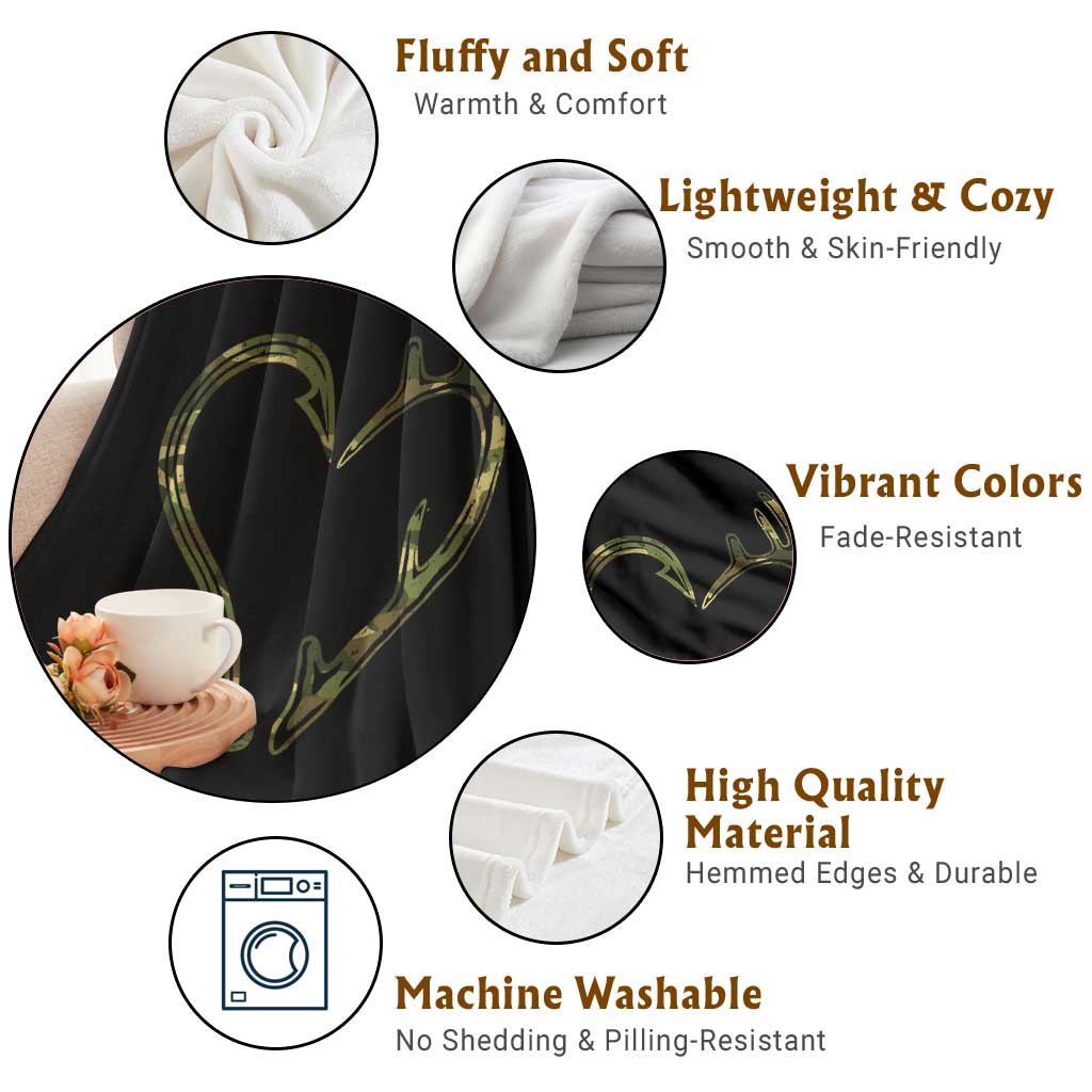 Fishing And Hunting Vintage Camo Hook Antler Heart Throw Blanket TS11 Print Your Wear