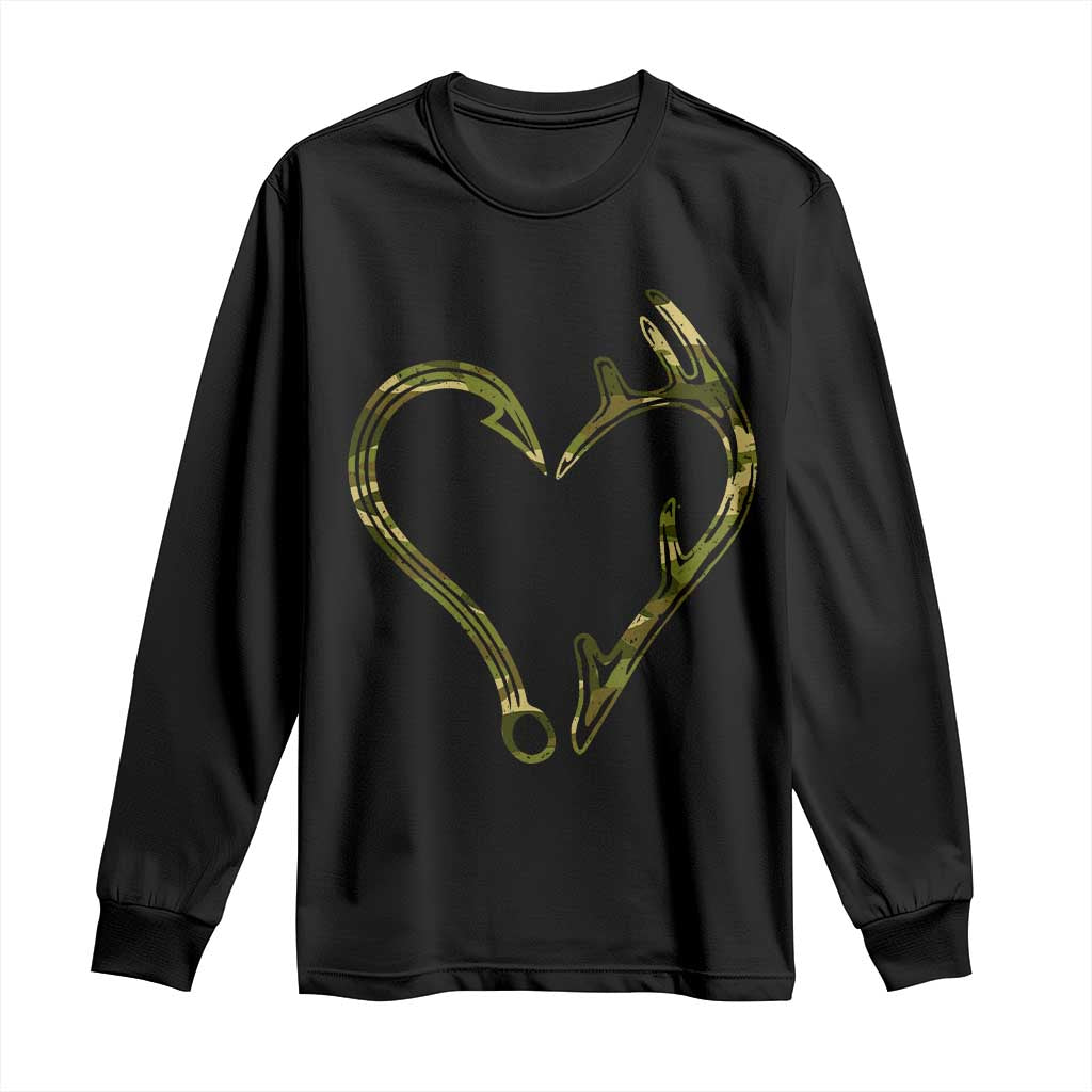 Fishing And Hunting Vintage Camo Hook Antler Heart Long Sleeve Shirt TS11 Black Print Your Wear