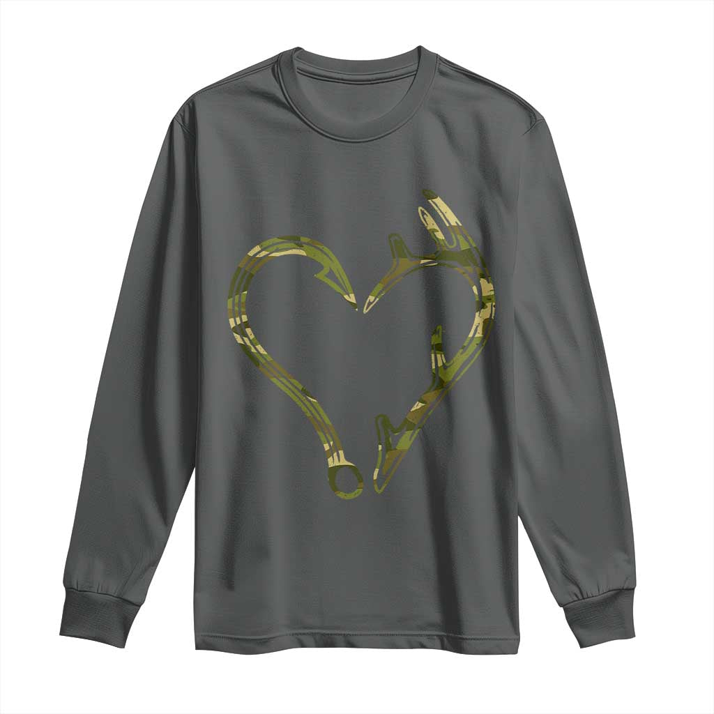 Fishing And Hunting Vintage Camo Hook Antler Heart Long Sleeve Shirt TS11 Dark Heather Print Your Wear