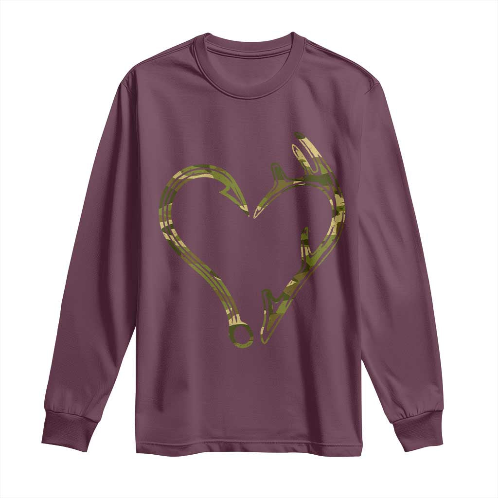 Fishing And Hunting Vintage Camo Hook Antler Heart Long Sleeve Shirt TS11 Maroon Print Your Wear
