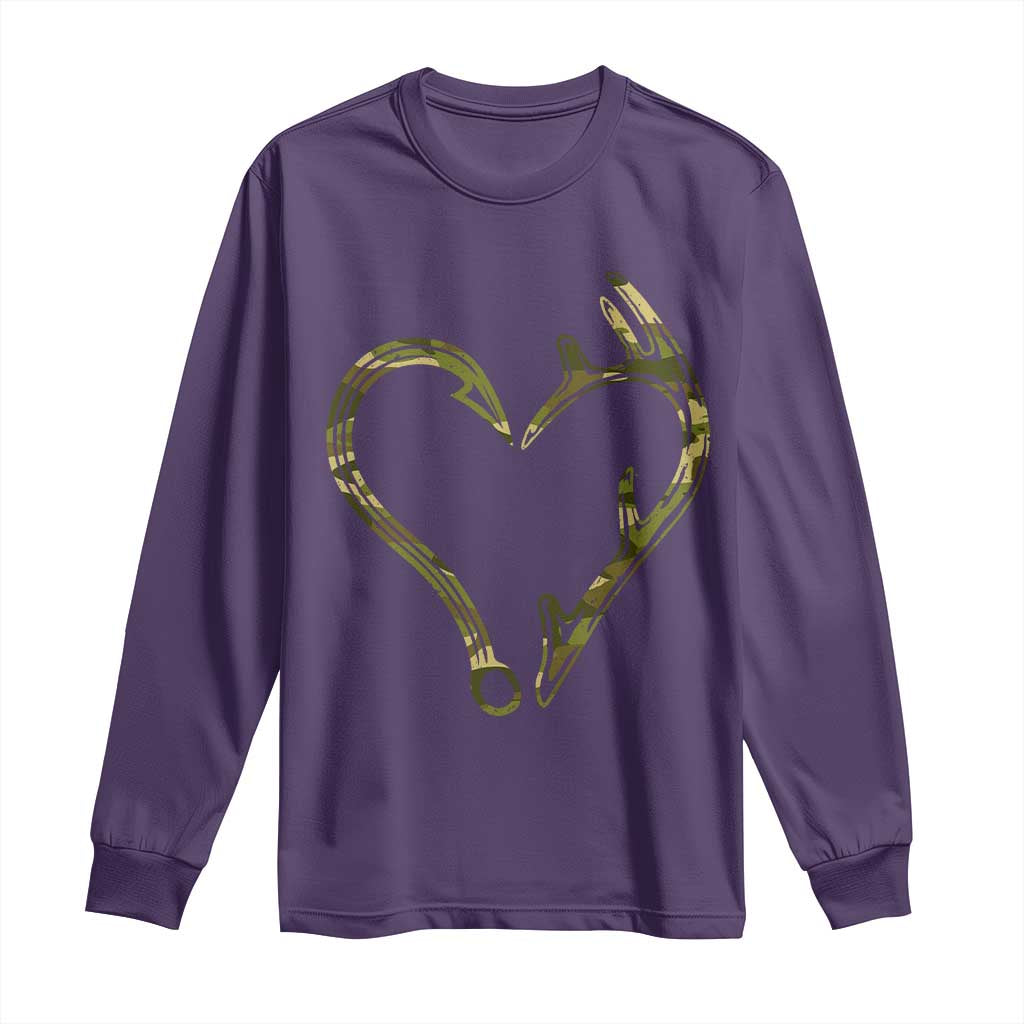 Fishing And Hunting Vintage Camo Hook Antler Heart Long Sleeve Shirt TS11 Purple Print Your Wear