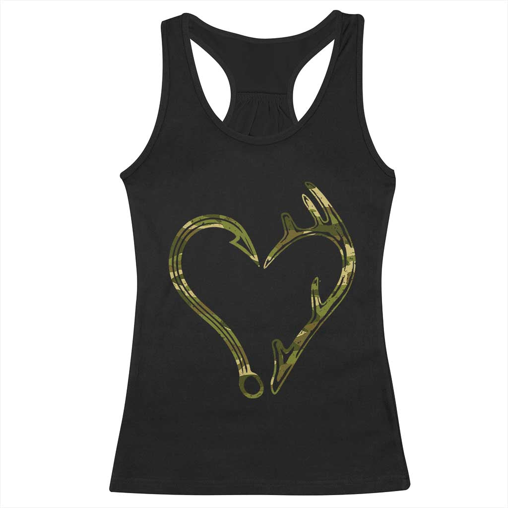 Fishing And Hunting Vintage Camo Hook Antler Heart Racerback Tank Top TS11 Black Print Your Wear