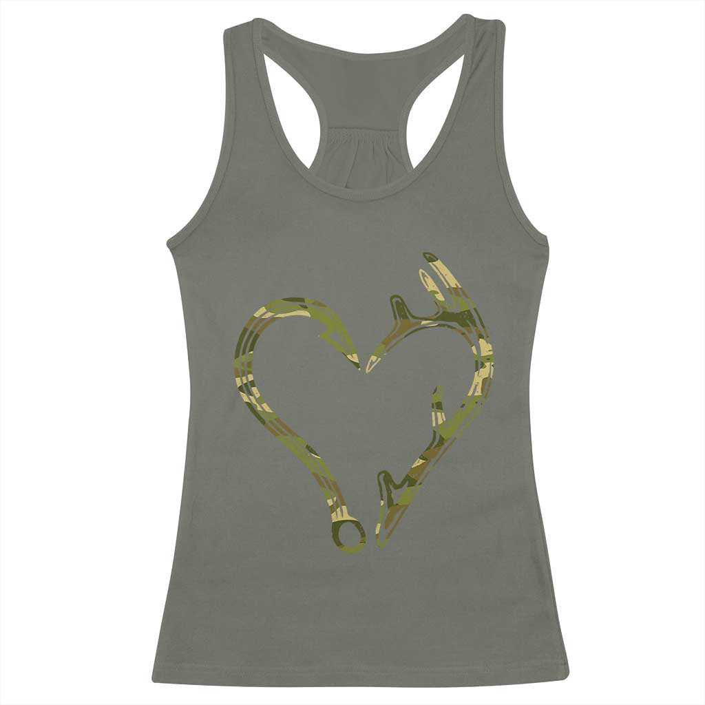 Fishing And Hunting Vintage Camo Hook Antler Heart Racerback Tank Top TS11 Military Green Print Your Wear