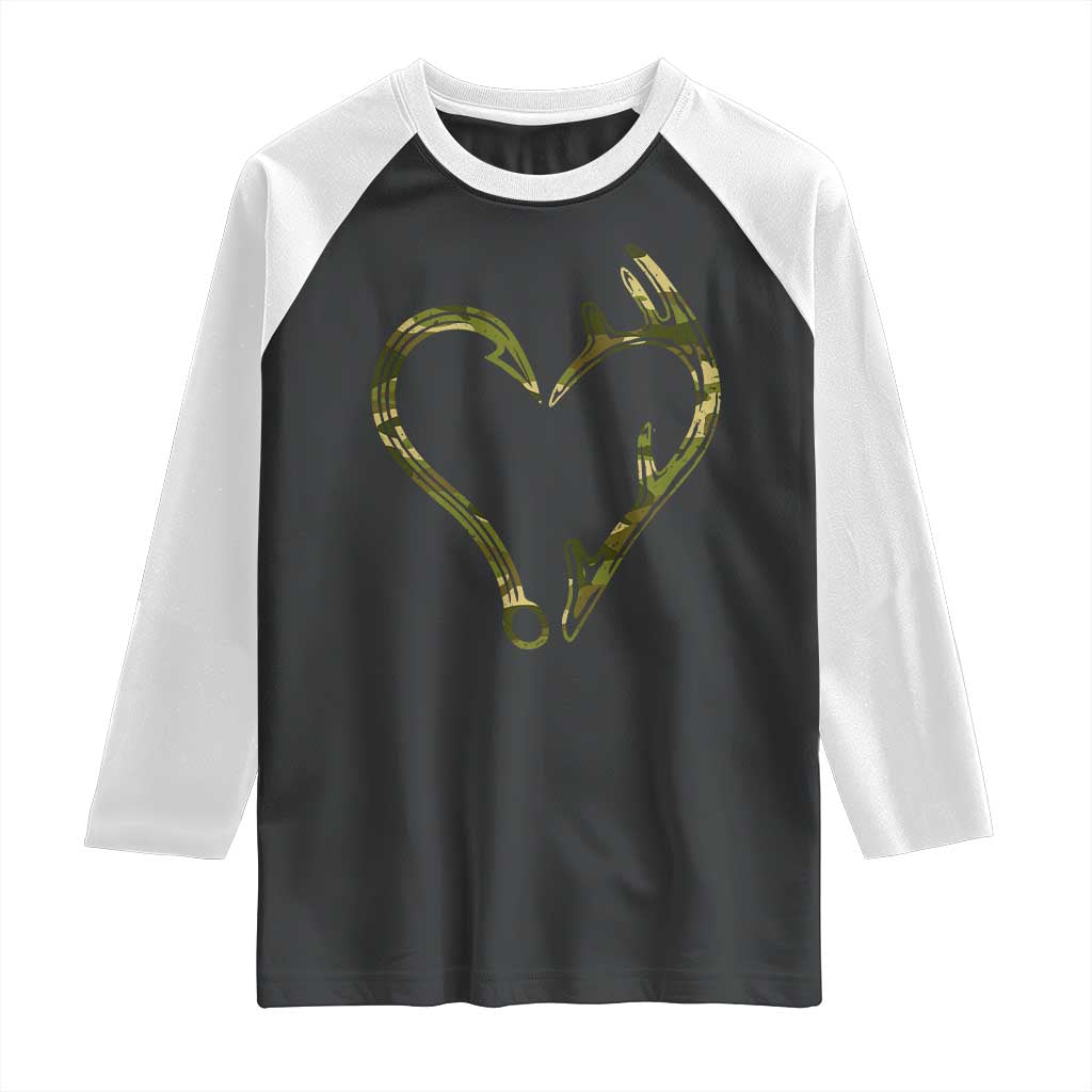 Fishing And Hunting Vintage Camo Hook Antler Heart Raglan Shirt TS11 Black White Print Your Wear