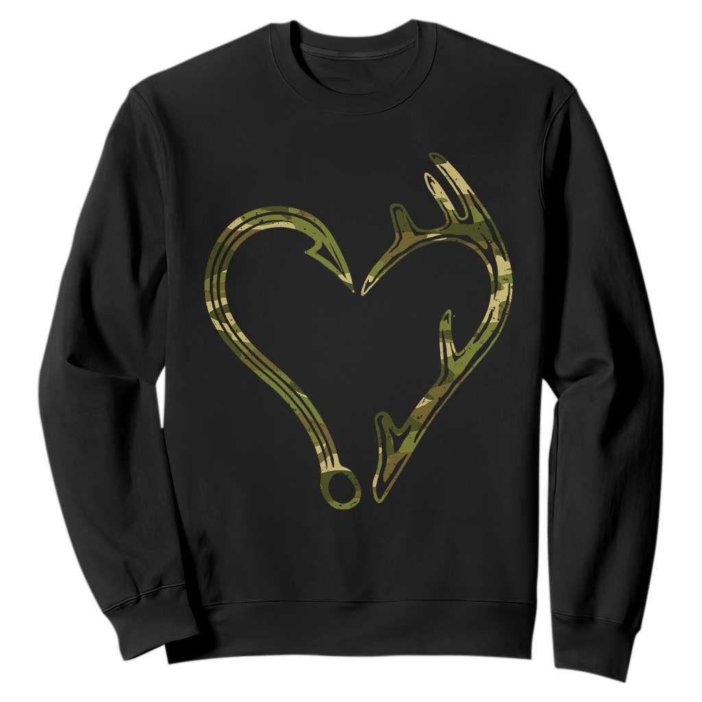 Fishing And Hunting Vintage Camo Hook Antler Heart Sweatshirt - Print Your Wear