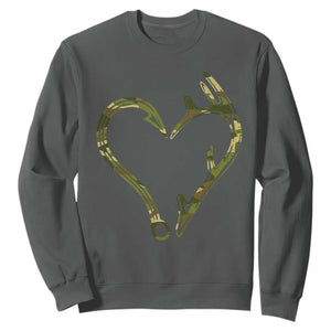 Fishing And Hunting Vintage Camo Hook Antler Heart Sweatshirt - Print Your Wear
