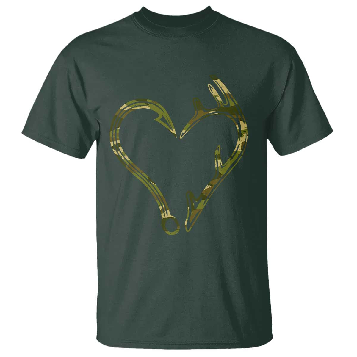Fishing And Hunting Vintage Camo Hook Antler Heart T Shirt TS11 Dark Forest Green Print Your Wear