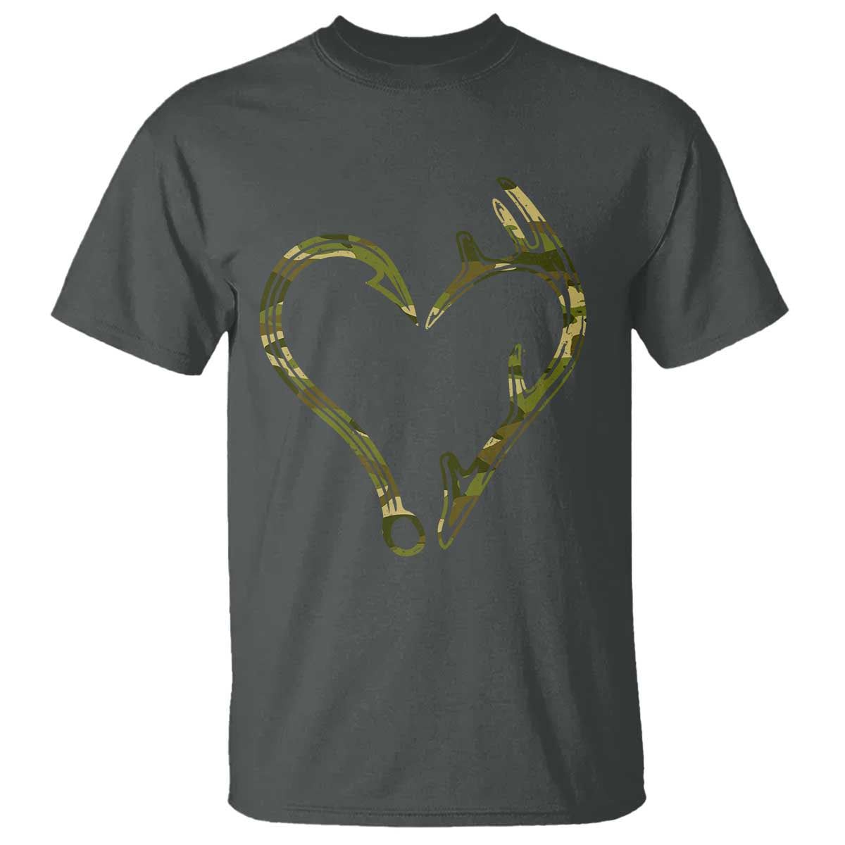 Fishing And Hunting Vintage Camo Hook Antler Heart T Shirt TS11 Dark Heather Print Your Wear