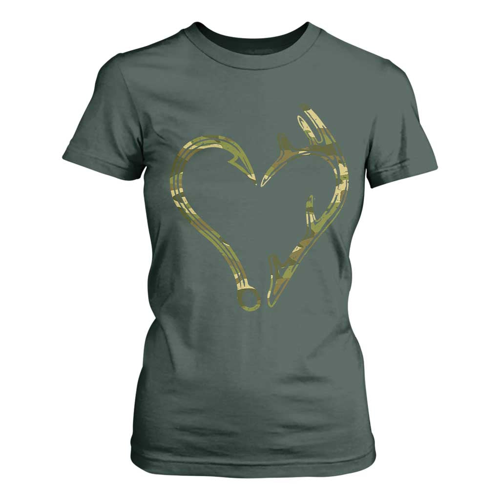 Fishing And Hunting Vintage Camo Hook Antler Heart T Shirt For Women TS11 Dark Forest Green Print Your Wear