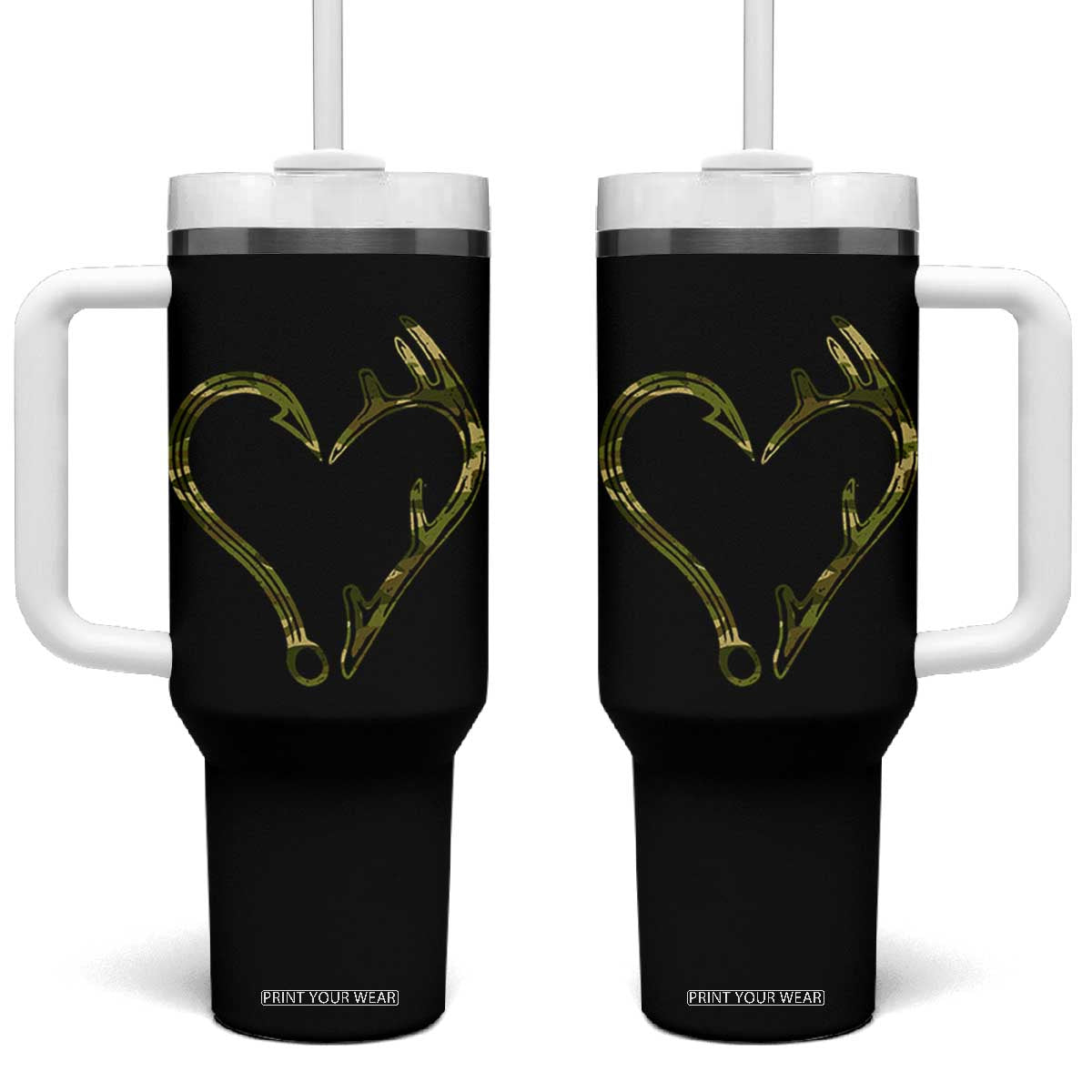 Fishing And Hunting Vintage Camo Hook Antler Heart Tumbler With Handle TS11 One Size: 40 oz Black Print Your Wear