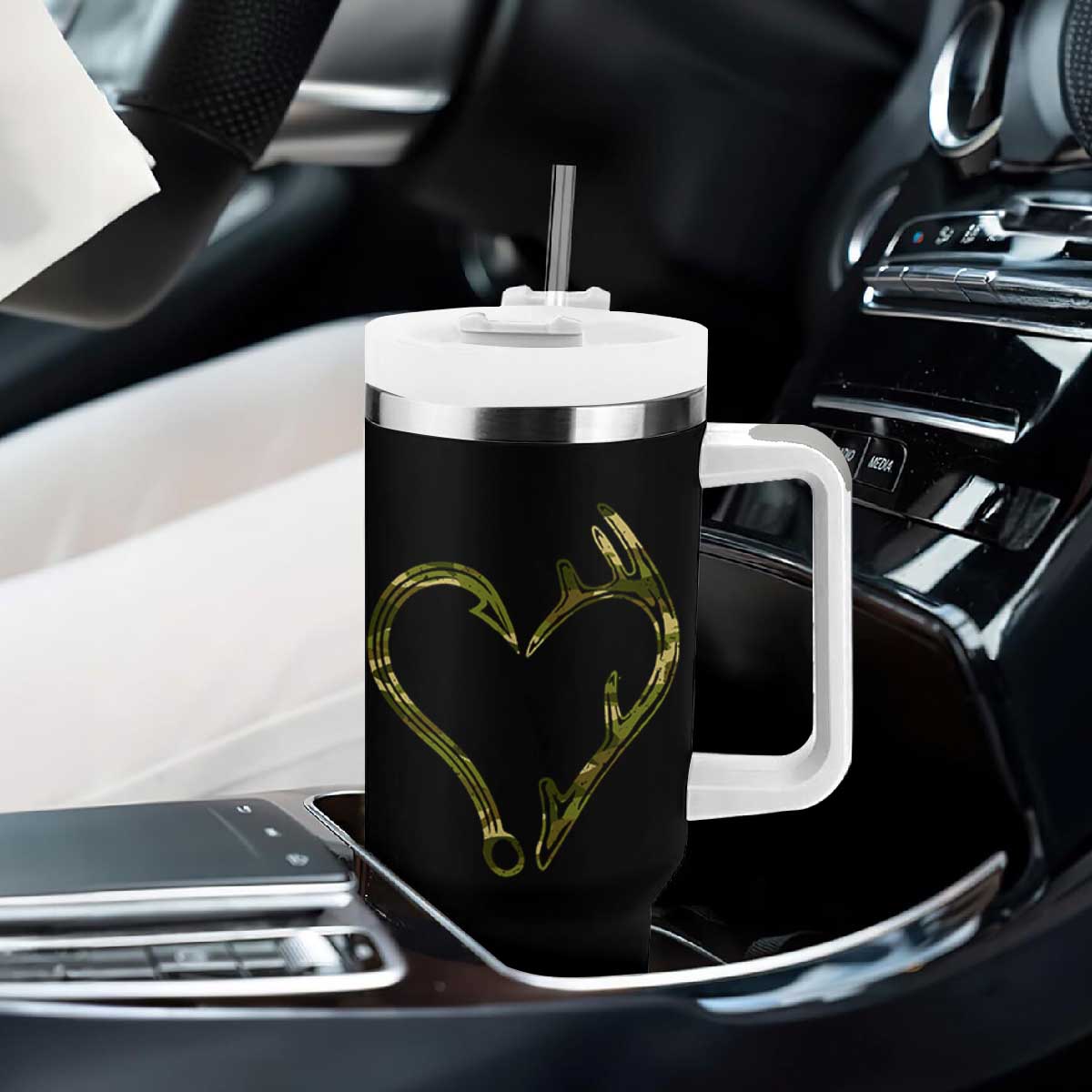 Fishing And Hunting Vintage Camo Hook Antler Heart Tumbler With Handle TS11 Print Your Wear