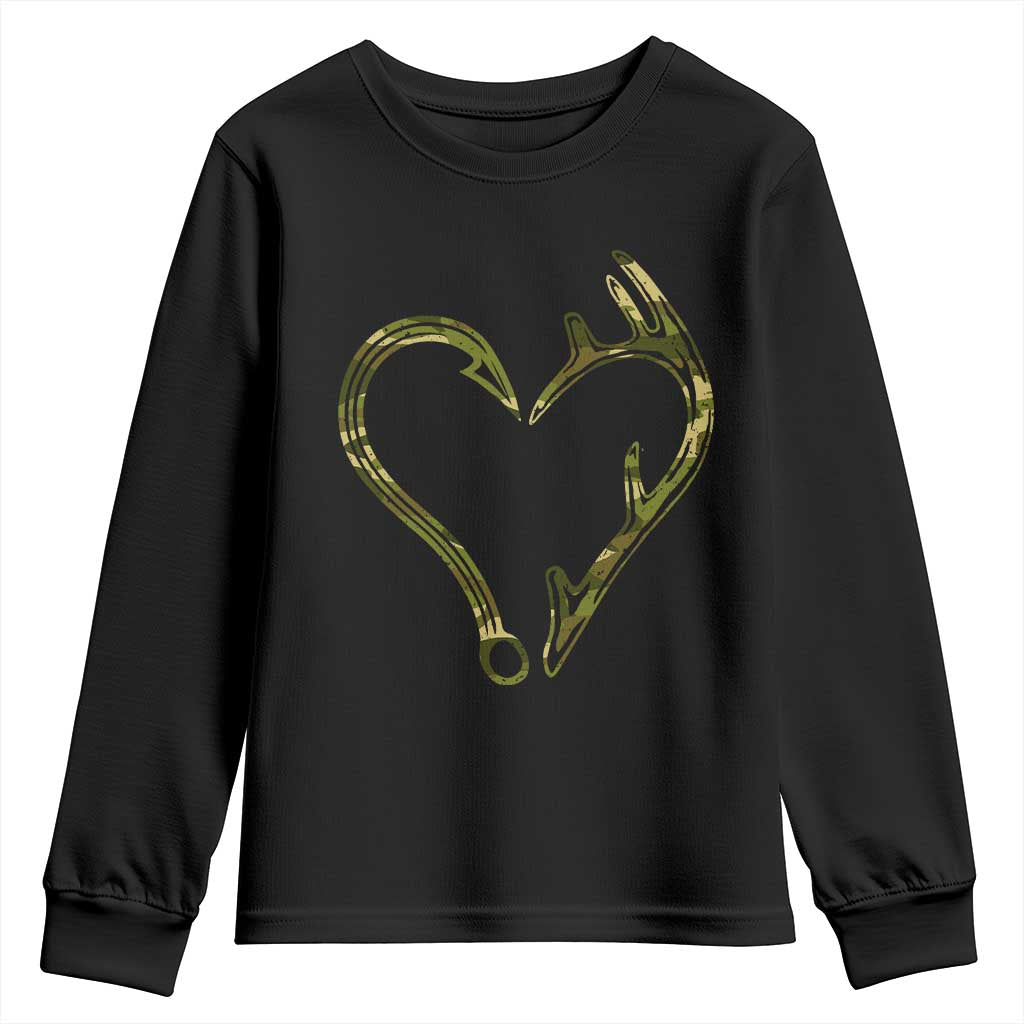 Fishing And Hunting Vintage Camo Hook Antler Heart Youth Sweatshirt TS11 Black Print Your Wear