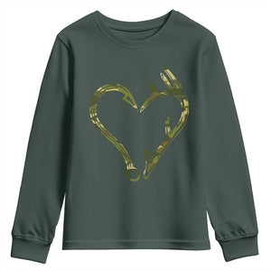 Fishing And Hunting Vintage Camo Hook Antler Heart Youth Sweatshirt TS11 Dark Forest Green Print Your Wear
