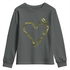 Fishing And Hunting Vintage Camo Hook Antler Heart Youth Sweatshirt TS11 Dark Heather Print Your Wear
